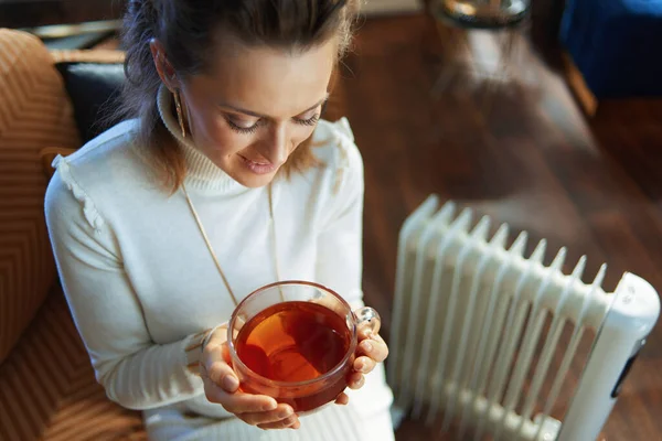 거실의 여성은 라디에이터 소파에 뜨거운 마시고 — 스톡 사진