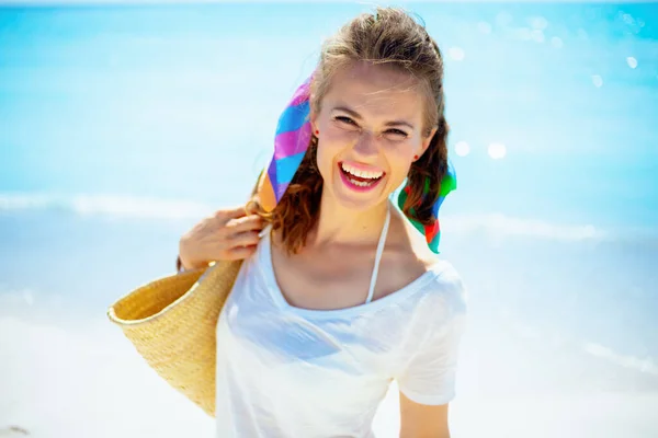 Portrait Smiling Healthy Year Old Woman White Shirt Beach Straw — Stock Photo, Image