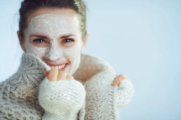 Happy Modern Woman Roll Neck Sweater Cardigan White Facial Mask — Stock Photo, Image