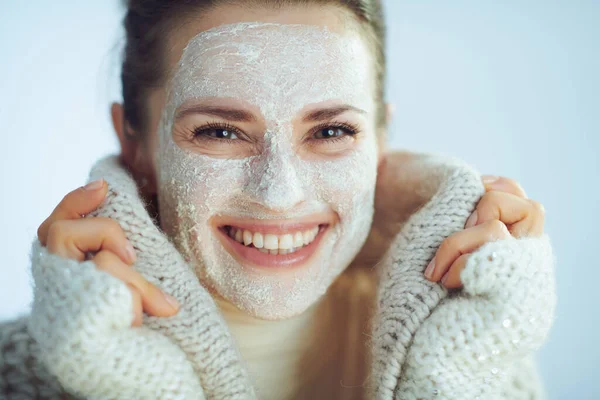Smiling Stylish Woman Roll Neck Sweater Cardigan White Facial Mask — Stock Photo, Image
