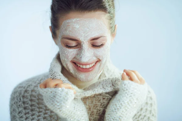 Happy Elegant Woman Roll Neck Sweater Cardigan White Facial Mask — Stock Photo, Image