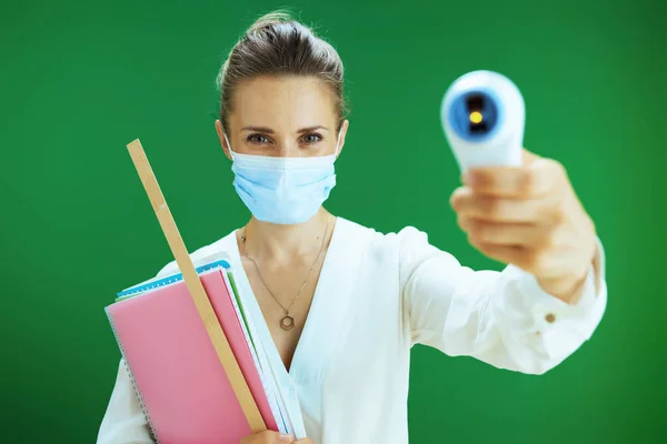 Life Covid Pandemic Modern Woman Pedagogue White Blouse Medical Mask — Stock Photo, Image