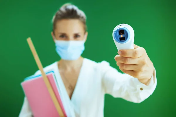 Life Coronavirus Pandemic Closeup Teacher Woman White Blouse Medical Mask — Stock Photo, Image