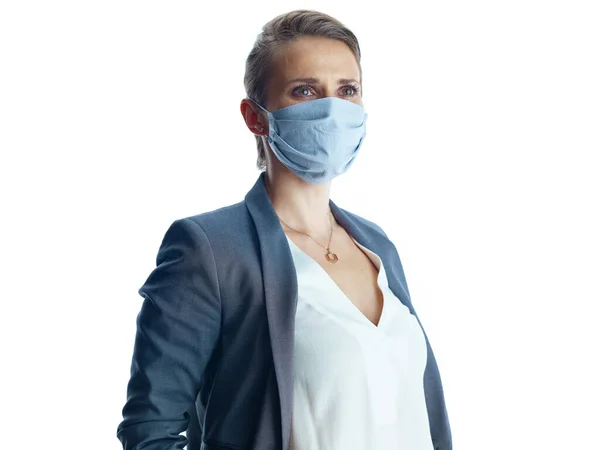 Üzleti Ügy Koronavírus Világjárvány Idején Egy Éves Szürke Öltönyös Orvosi — Stock Fotó