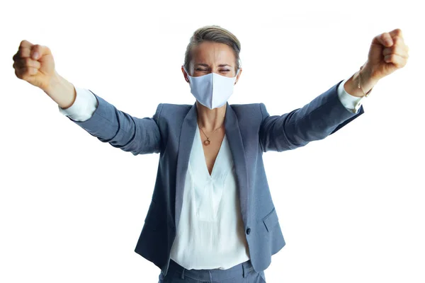 Negocios Durante Pandemia Covid Sonriente Hembra Moderna Traje Gris Con — Foto de Stock