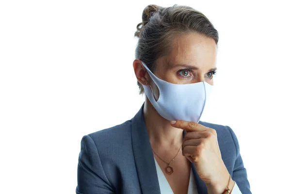 Zaken Tijdens Covid Pandemie Pensive Jonge Vrouw Een Grijs Pak — Stockfoto