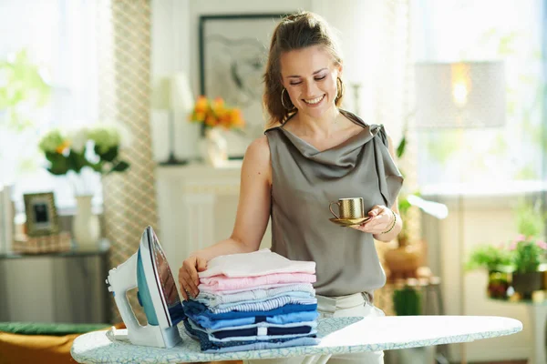 Glückliche Junge Frau Seidenbluse Und Beiger Hose Mit Dampfbügeleisen Bügelbrett — Stockfoto