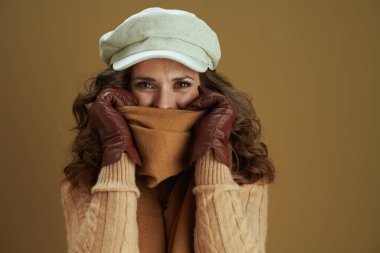 Merhaba Kasım ayı. Kahverengi arka planda eşarba sarılı deri eldivenli zarif bir kadın..