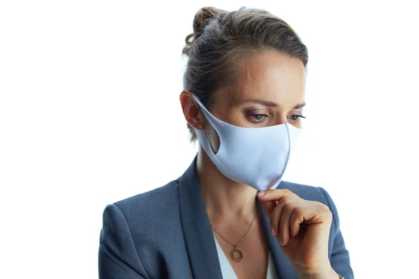 Negocios Durante Pandemia Covid Mujer Negocios Pensativa Años Traje Gris — Foto de Stock