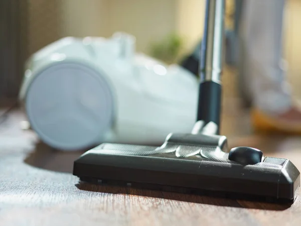 Closeup Woman Vacuum Cleaner Living Room Sunny Day — Stock Photo, Image