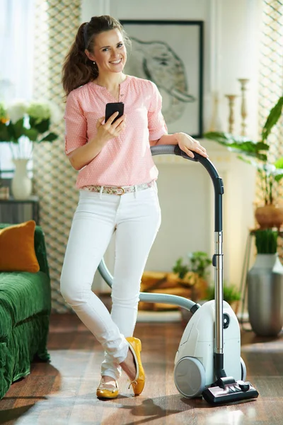 Full Length Portrait Happy Modern Middle Age Woman Blouse White — Stock Photo, Image