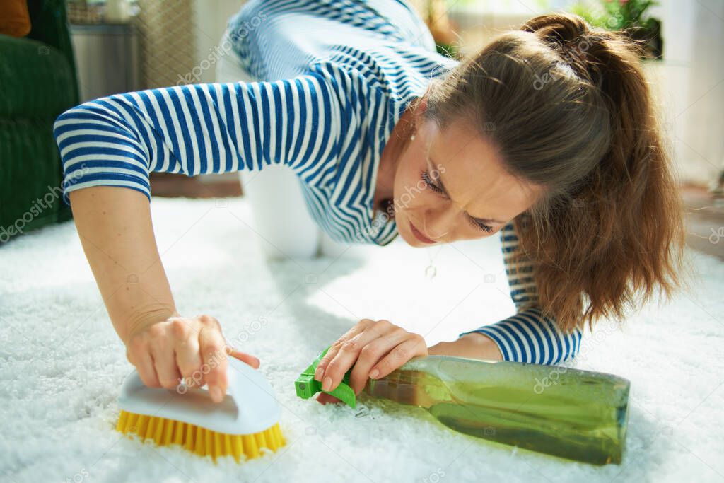 focused modern woman in striped t-shirt and white pants with spray bottle of eco friendly cleaning supplies and yellow brush spot cleaning white carpet at modern home in sunny day.