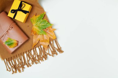 Merhaba Ekim. Beyaz arka planda eşarp, yapraklar, defter ve hediye kutusuyla sonbahar düzlüğü.