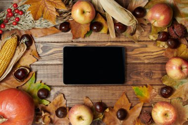 Merhaba Kasım ayı. Buğday kafalar, tablet bilgisayar, mısır, balkabağı, elma, rowan, kestane ve tahta yapraklı sonbahar arkaplanı.