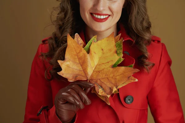 Hejsan Oktober Närbild Leende Hona Med Läderhandskar Och Gul Höst — Stockfoto