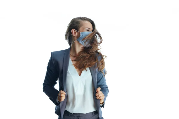 Affärer Covid Pandemin Glad Modern Affärskvinna Grå Kostym Med Medicinsk — Stockfoto