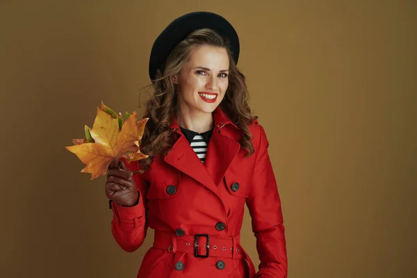 Hola Otoño Retrato Mujer Moderna Sonriente Abrigo Rojo Boina Negra —  Fotos de Stock