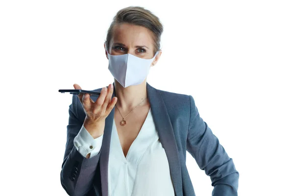 Affärer Coronaviruspandemi Porträtt Modern Medelålders Affärskvinna Grå Kostym Med Medicinsk — Stockfoto