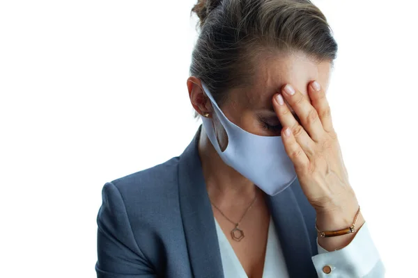 Negócios Durante Pandemia Coronavírus Estressado Anos Idade Mulher Negócios Terno — Fotografia de Stock