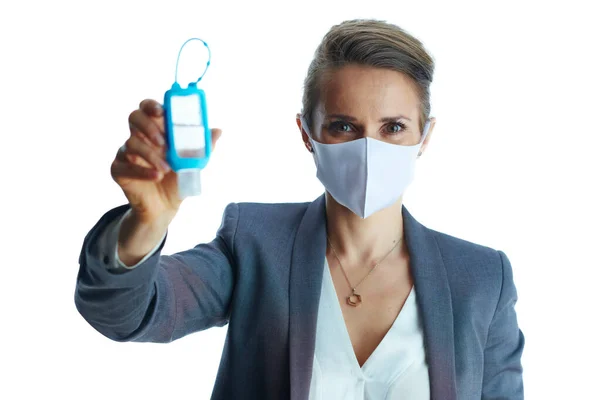 Negócios Durante Pandemia Covid Fêmea Elegante Terno Cinza Com Máscara — Fotografia de Stock