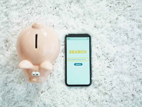 Upper View Smartphone Cleaning Service Search Screen Piggy Bank Carpet — Stock Photo, Image