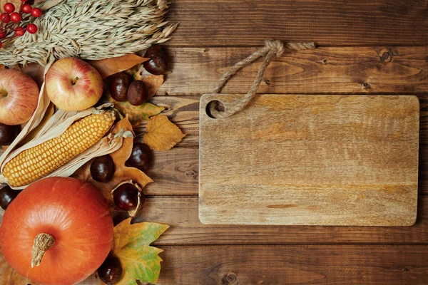 Hello October Autumn Background Wheat Heads Cutting Board Corn Pumpkin — Stock Photo, Image