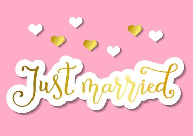 Modern el yazısı hat sadece altın, pembe arka plan stili kesilmiş kağıt yılında evlendi, beyaz ve Altın Kalpler ve yaprakları dekorasyon, kartpostal, poster, düğün, scrapbooking için süslenmiş