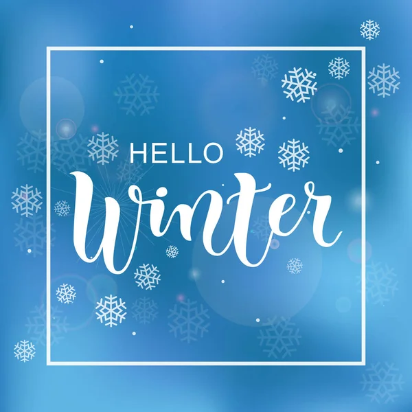 Caligrafia Moderna Lettering Hello Winter Branco Sobre Fundo Azul Com — Vetor de Stock