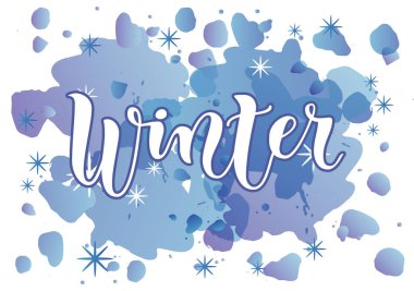 Dekorasyon, takvim, poster, afiş, kartpostal, etiket, kartpostal, dekor için beyaz kar taneleri mavi suluboya zemin üzerine mavi anahat ile kış modern hat