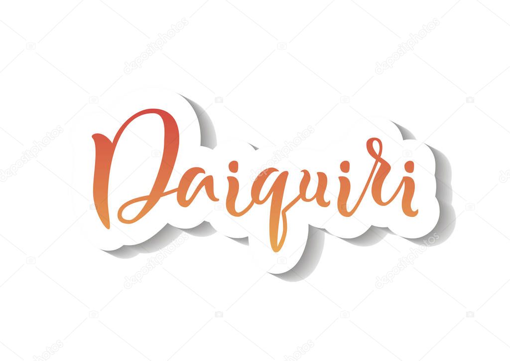 Modern calligraphy lettering of Daiquiri in red orange gradient with white outline and shadow on white background for bar menu, cocktail menu, advertisement, cafe, restaurant, packaging, flyer,sticker