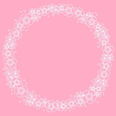 Beyaz anahat çiçek ve dekorasyon, davet ya da düğün, Sevgililer günü, Sevgililer, yazı, metin, reklam, çiçekçi dükkanı için pembe arka plan üzerinde daire şeklinde yaprakları dekoratif çerçeve