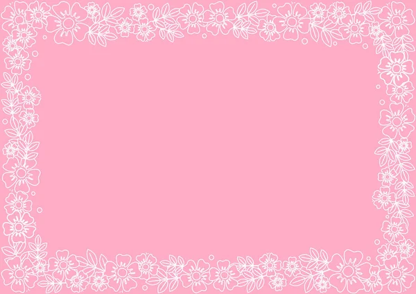 Διακοσμητικό Πλαίσιο Από Λευκό Περίγραμμα Λουλούδια Και Φύλλα Ροζ Φόντο — Διανυσματικό Αρχείο