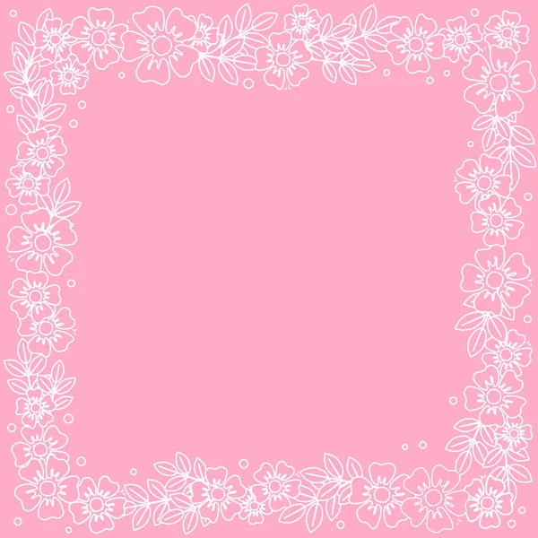 Dekorativní Čtvercový Rám Bílý Obrys Květů Listů Růžovém Pozadí Pro — Stockový vektor