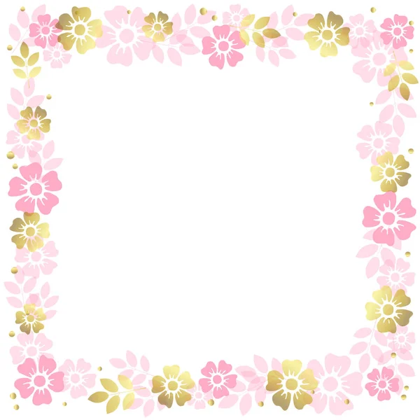 Decorative Square Frame Pink Golden Flowers Leaves White Background Decoration — Stock Vector