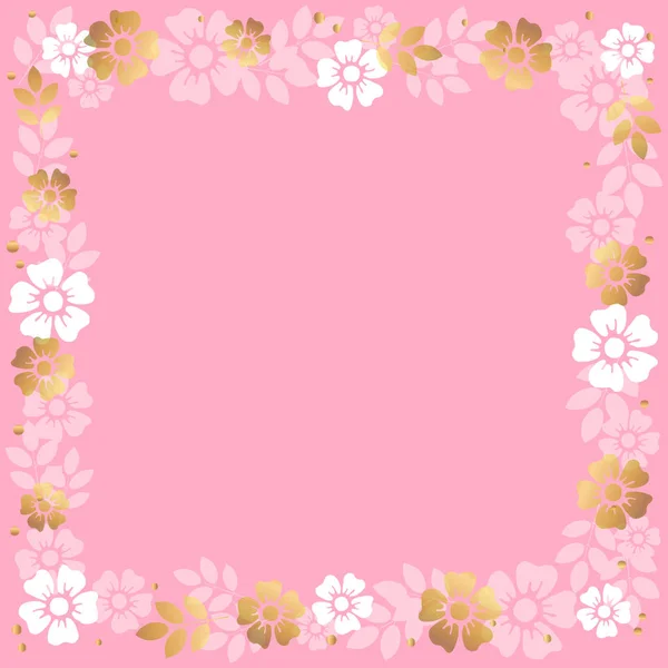 Decorative Square Frame Pink Golden Flowers Leaves White Background Decoration — Stock Vector