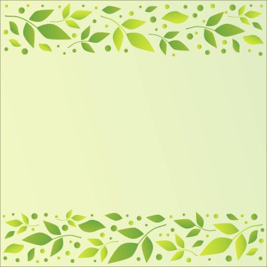 Açık yeşil renkli dekoratif şeritler ile Üste Hizala ve aşağıda yeşil yaprakları ve nokta dekorasyon, scrapbooking kağıt, kitap ya da defter, düğün davetiye, tebrik kartı, metin sayfası için