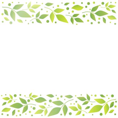 Beyaz kare arka plan dekoratif şeritler ile Üste Hizala aşağıda yeşil yaprakları ve nokta