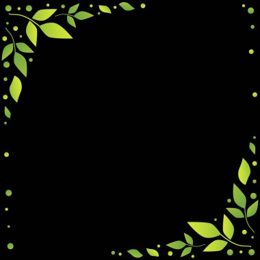 Yeşil yaprakları ve noktalar ile dekoratif kenarları siyah arka plan