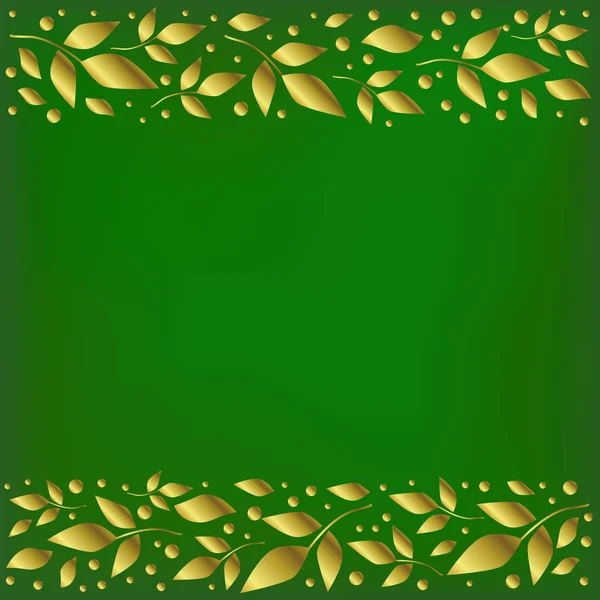 Fondo verde stilizzato come velluto con strisce decorative allineare in alto e in basso con foglie dorate e punti — Vettoriale Stock