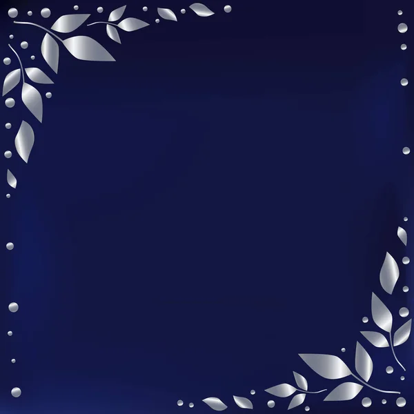 Fondo azul estilizado como terciopelo azul con bordes decorativos con hojas y puntos plateados — Vector de stock