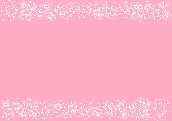 Fondo rosa con strisce decorative allineare in alto e in basso con i fiori contorno bianco e foglie — Vettoriale Stock