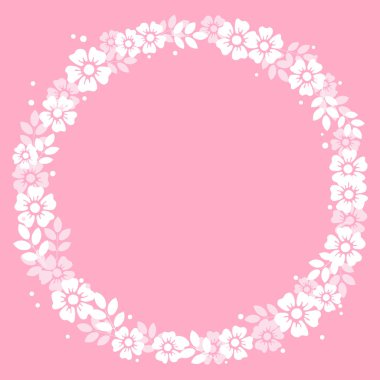 Beyaz çiçek ve dekorasyon, davet ya da düğün, Sevgililer günü, Sevgililer, yazı, metin, reklam, çiçekçi dükkanı için pembe arka plan üzerinde daire şeklinde yaprakları dekoratif çerçeve