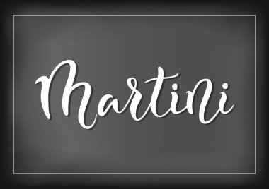Martini modern hat yazı için beyaz çerçeve menüsü, kokteyl menüsü, reklam, kafe, Restoran, ambalaj, el ilanı, etiket bar kara tahta zemin üzerine beyaz