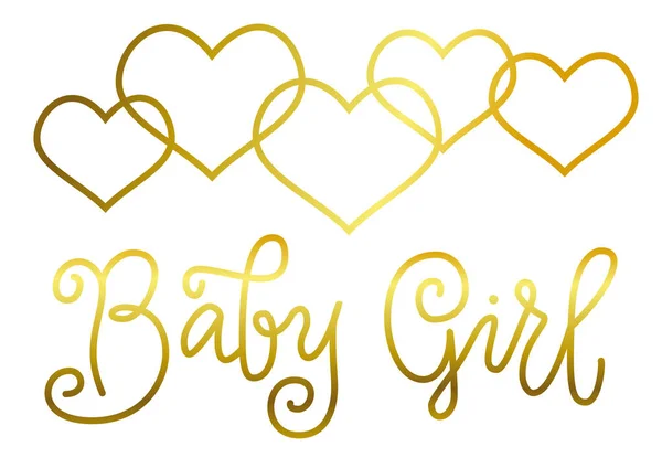 モノラルで白い背景の上の黄金の女の赤ちゃんの現代書道レタリング ライン スタイルの装飾 ポスター 招待状 グリーティング カード 出生証明書 誕生日の黄金の心 — ストックベクタ