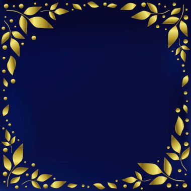 Blue background stylized as blue velvet decorated with golden leaves and dots in form of circle for decoration, scrapbooking paper, wedding invitation, greeting card, text, frame, family tree, cover clipart