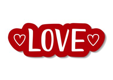 Kalpler kırmızı anahat ve gölge stili dekorasyon, etiket, Sevgililer günü, Sevgililer günü, tebrik kartı, hediye etiketi, beyaz arka plan üzerinde kesme kağıt ile süslenmiş beyaz aşk yazı mevcut