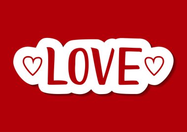 Aşk yazı kırmızı kalpler beyaz anahat ve dekorasyon, etiket, Sevgililer günü, Sevgililer günü, tebrik kartı, hediye etiketi için kırmızı arka plan stili kesilmiş kağıt gölge ile süslenmiş