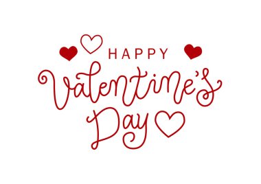 Modern calligraphy lettering of Happy Valentines day in red on white background decorated with hearts for decoration, poster, banner, valentine, greeting card, invitation, advertising, party, present