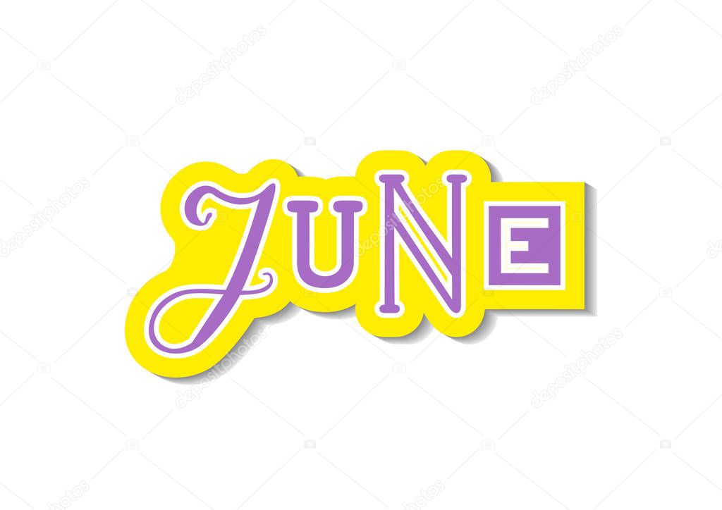 Hand drawn decorative colorful lettering of June with different letters in purple with yellow white outline and shadow on white for calendar, decoration, planner, diary, notebook, sticker, postcard