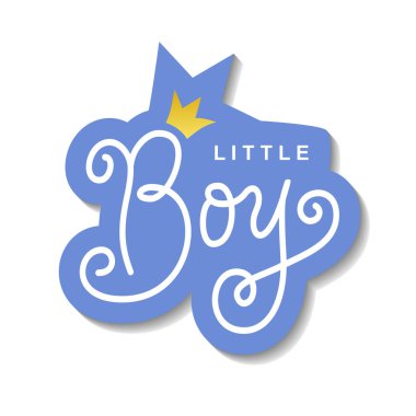 Beyaz beyaz dekorasyon, poster, afiş, tebrik kartı, doğum belgesi, doğum günü, nakış, davet üzerine altın taç ve mavi anahat ile modern hat yazı küçük çocuk